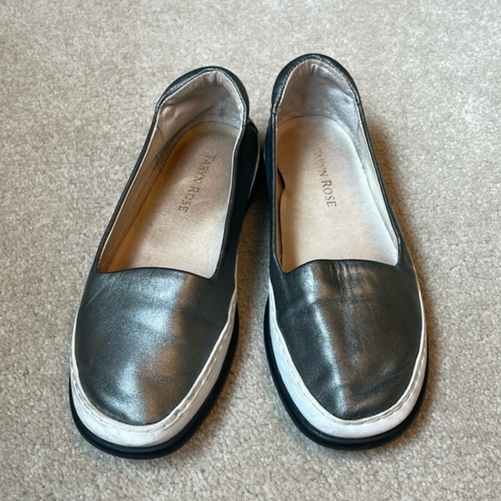 Taryn Rose Fressa pewter metallic leather slip on flats